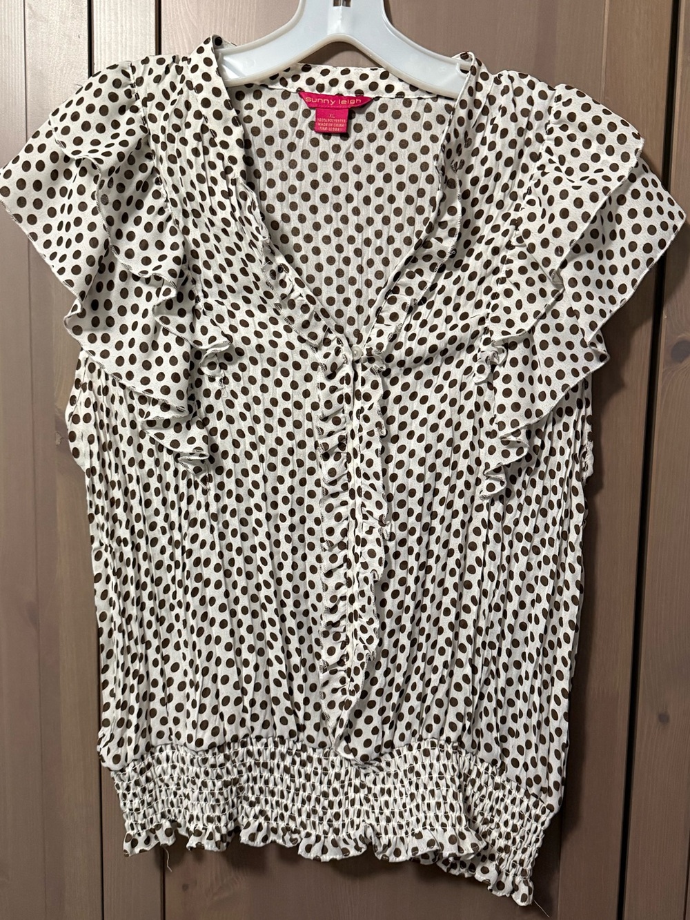 Sunny Leigh Cream Blouse with Brown Polka Dots and Ruffle Trim